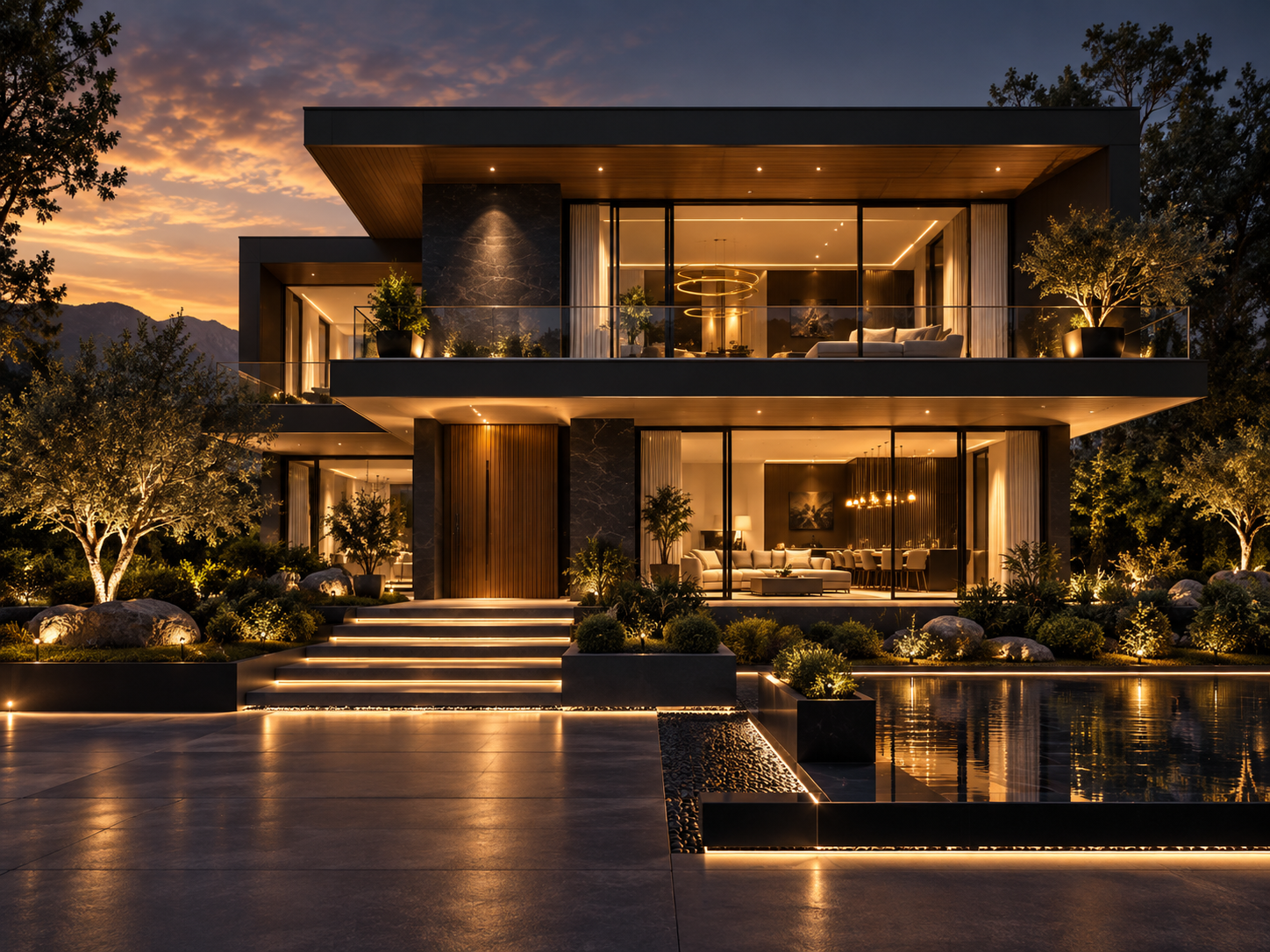 Casa contemporánea de lujo con iluminación cálida al atardecer